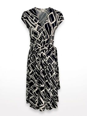 David Meister Black White Geometric Abstract Faux Wrap Dress Size S Matte Jersey